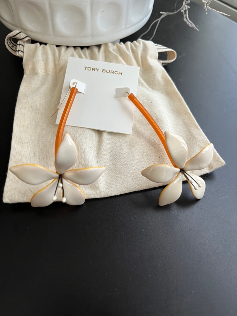 Tory Burch Cream and Orange Floral Hoop Drop Earrings